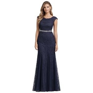 Betsy & Adam Navy Lace Evening Gown, Formal Prom Dress, Size 2